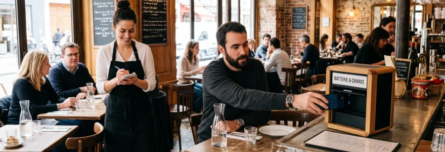 Un client dépose son téléphone dans une borne de batteries portables dans un restaurant.