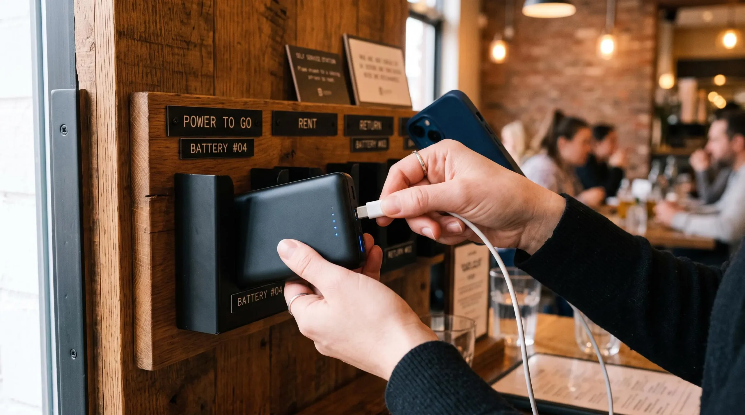 Des mains branchent un smartphone sur une batterie portable récupérée d'une borne.