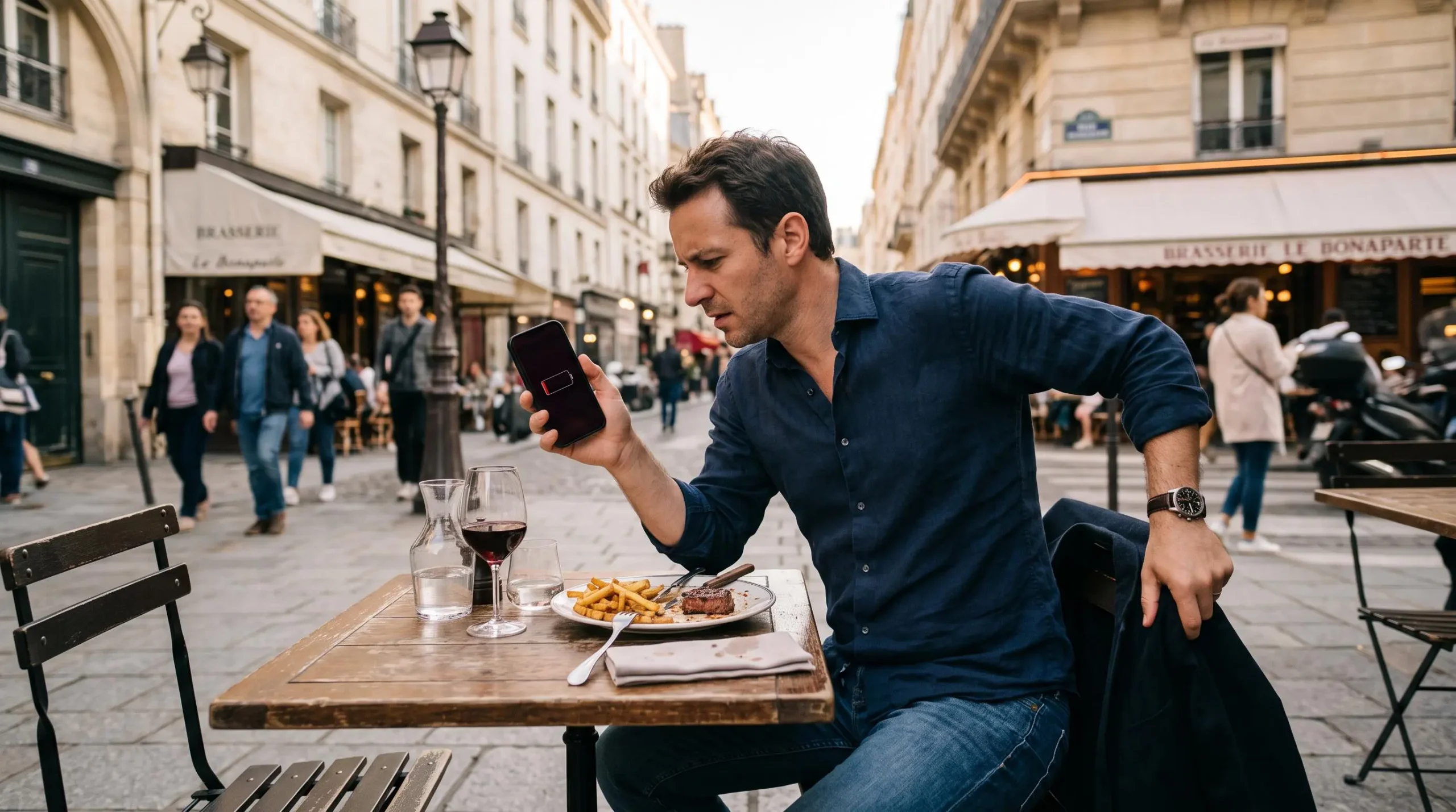 Un client vérifie la batterie vide de son téléphone sur une terrasse de restaurant.