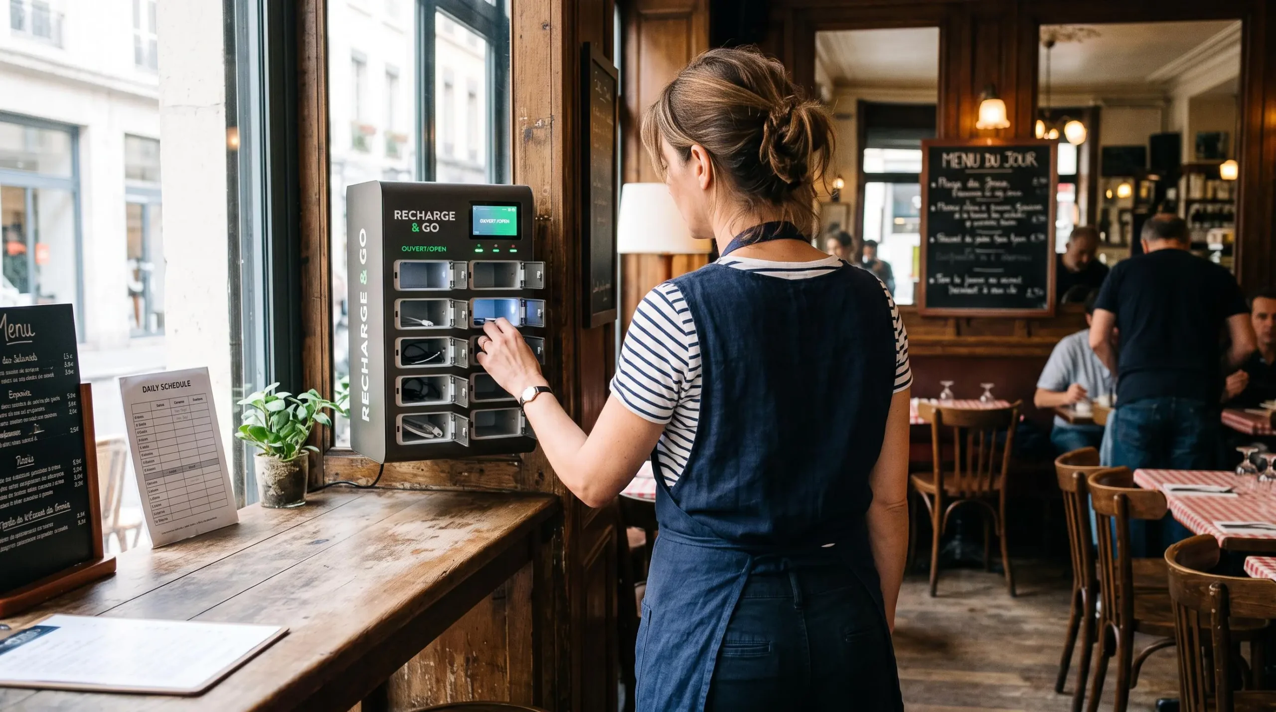 Un gérant de restaurant vérifie une borne de batteries installée près du comptoir.